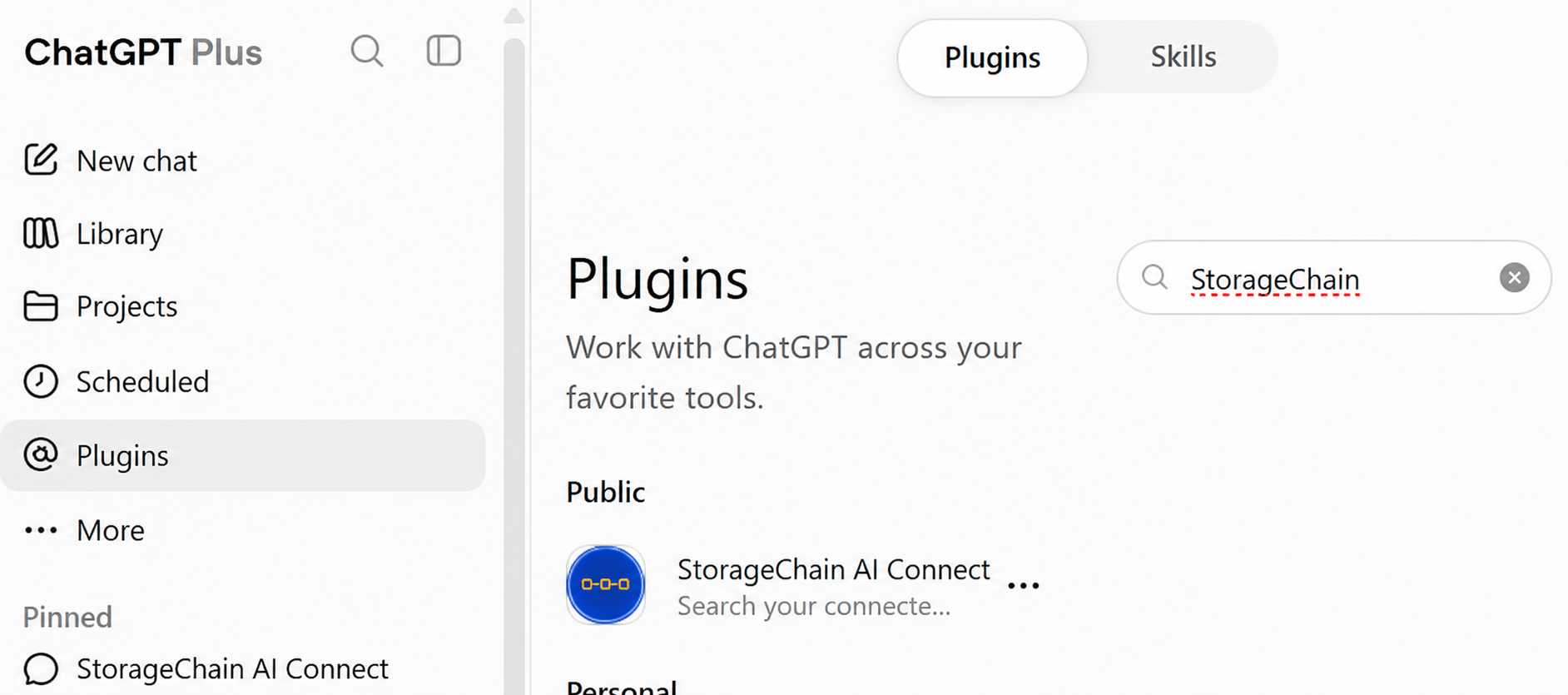StorageChain AI Connect displayed in the ChatGPT Plugins directory