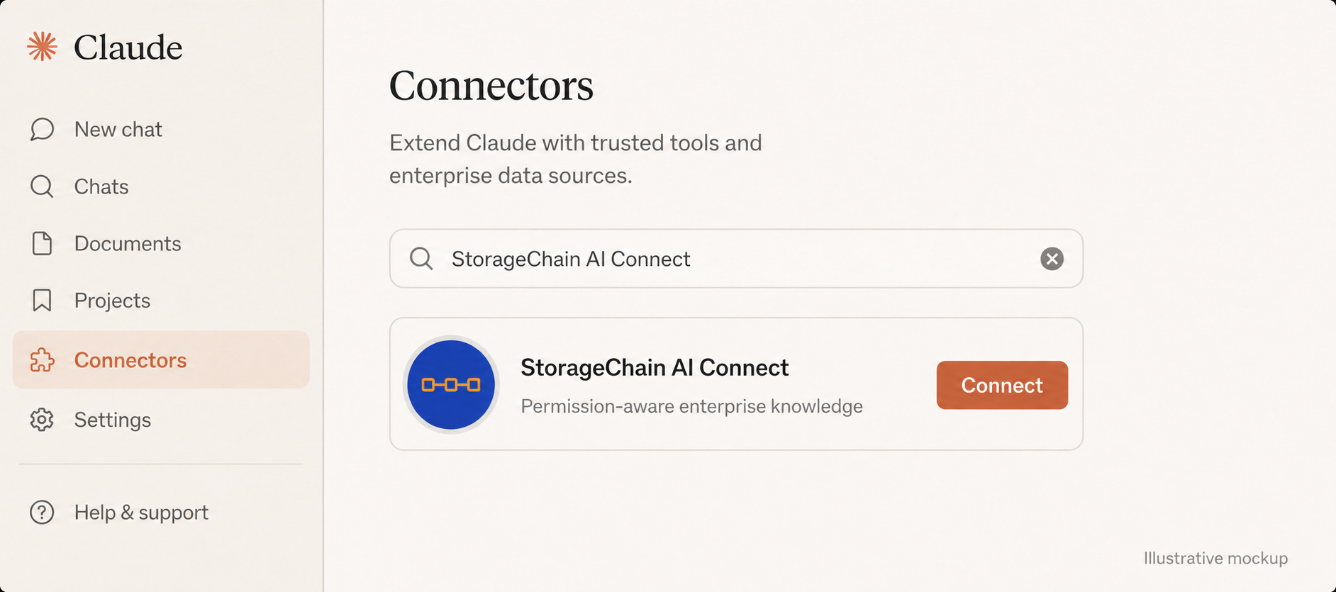 Illustrative mockup of StorageChain AI Connect displayed in Claude connectors